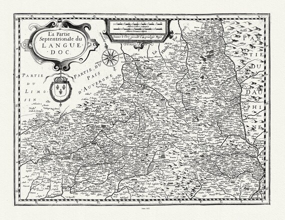 Languedoc Nord: Rochemaillet (Michel, de la), La Partie Septentriole du Languedoc, Central Massif, 1632 , toile de coton épaisse, 56x70cm