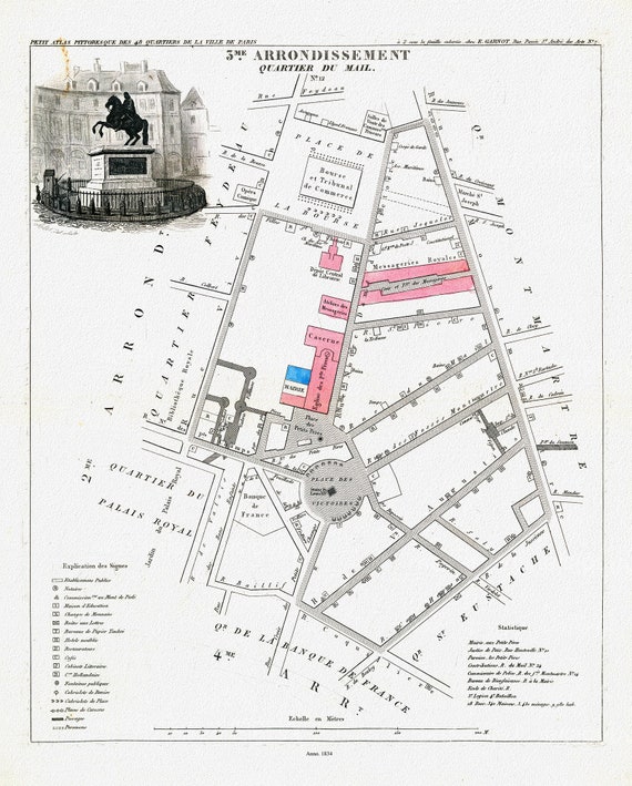 Perrot, Paris 3 Me. Arrondissement  Quartier du Mail. No. 12, 1834 , une carte sur toile de coton épaisse, environ 56x70cm