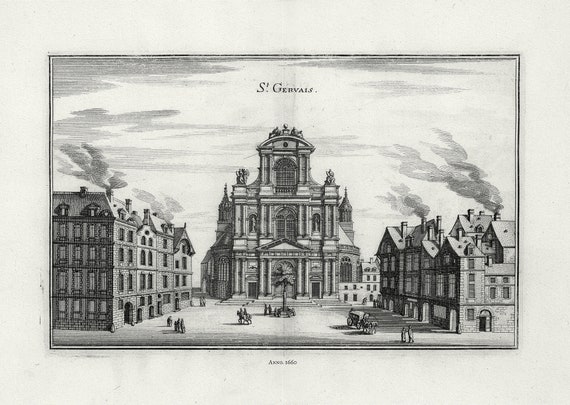 Merian, V. 1. St. Gervais, Paris 1660,  sur toile de coton épais, 56x70cm environ