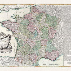 Lattre, (Jean, 1743-1793),  La France  divisee Par Generalites, 1760 Ver. II,  ,une carte sur toile de coton épais, 56x70cm environ