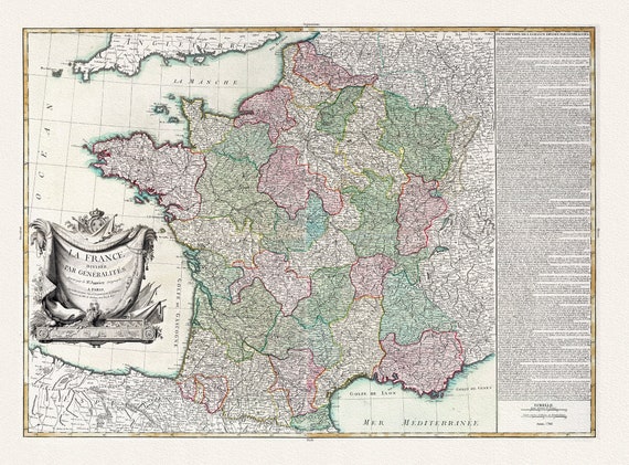 Lattre, (Jean, 1743-1793),  La France  divisee Par Generalites, 1760 Ver. II,  ,une carte sur toile de coton épais, 56x70cm environ