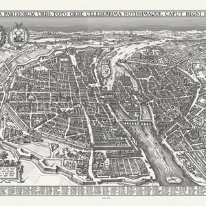 Lutetia Parisiorum urbs, toto orbe celecerrima notissimaque, caput regni Franciae. 1618, carte sur toile de coton épaisse, environ 56x70cm