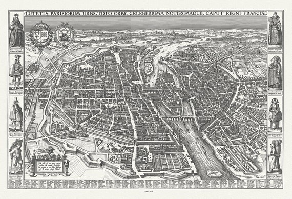 Lutetia Parisiorum urbs, toto orbe celecerrima notissimaque, caput regni Franciae. 1618, carte sur toile de coton épaisse, environ 56x70cm