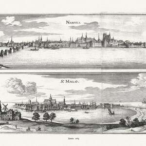 Brittany, Nantes. et St. Malo, 1663, Merian auth., map on durable cotton canvas, 50 x 70 cm or 20x25" approx.