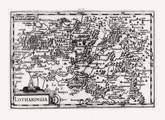 Mercator et Hondius, Lotharingia (Lorraine), 1607 ,une carte sur toile de coton épais, 56x70cm environ