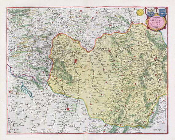 Diocese de Rheims, et le païs de Rethel, 1665, Bleau auth. , une carte sur toile de coton épaisse, environ 56x70cm