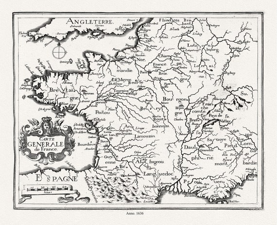 Tassin, Carte Generale de France- 1636 ,une carte sur toile de coton épais, 56x70cm environ