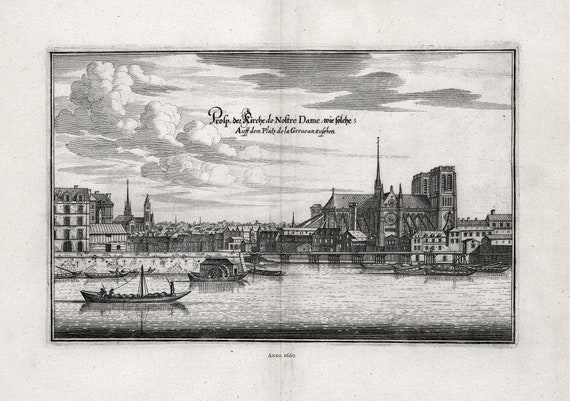 Merian, V. 1. Prosp. der Kirche de Nostre Dame, Paris, 1660, sur toile de coton épais, 56x70cm environ