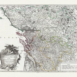 Poitou, Aunis, Saintonge-Angoumois, Vaugondy (Robert de, Gilles), 1753 , carte sur toile de coton épaisse, environ 56x70cm