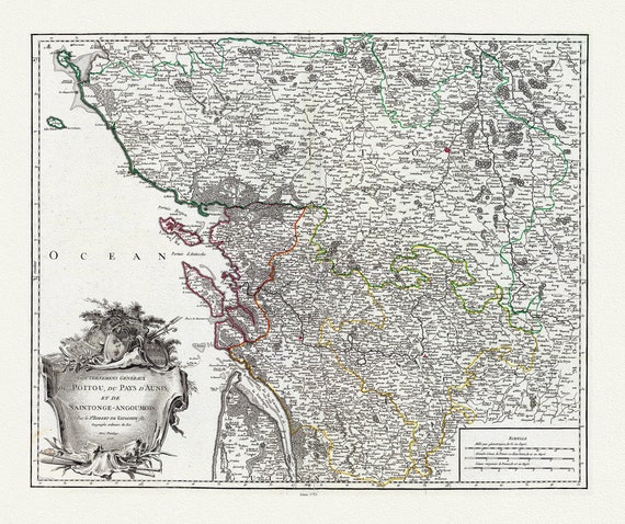 Poitou, Aunis, Saintonge-Angoumois, Vaugondy (Robert de, Gilles), 1753 , carte sur toile de coton épaisse, environ 56x70cm