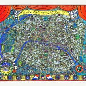 Plan de Paris,  dessin par Ilonka Karasz, 1927, carte sur toile de coton épaisse, environ 56x70cm