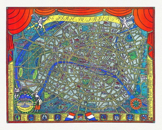 Plan de Paris,  dessin par Ilonka Karasz, 1927, carte sur toile de coton épaisse, environ 56x70cm