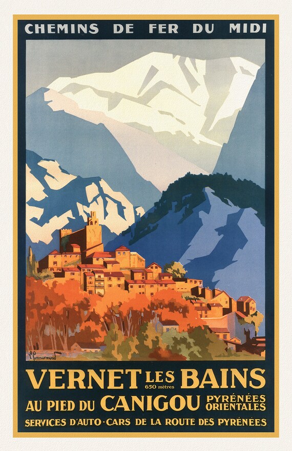 Vernet les Bains, Pyrenees, 1925, une affiche de voyage sur toile de coton épaisse, environ 45x60cm