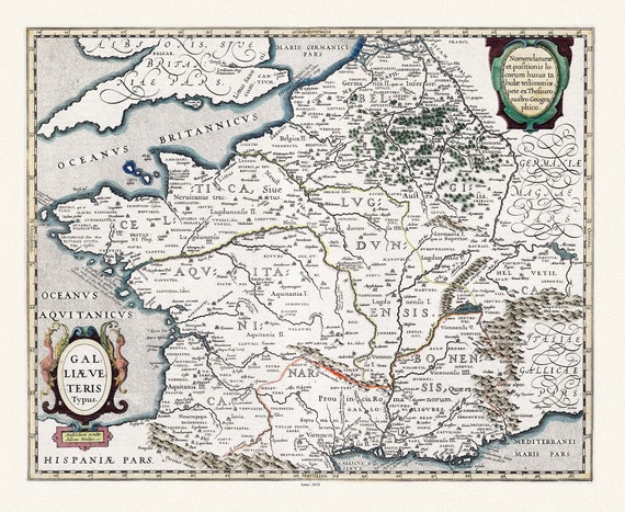 Galliae Veteris Typus, 1618, une carte sur toile de coton épais, 56x70cm environ