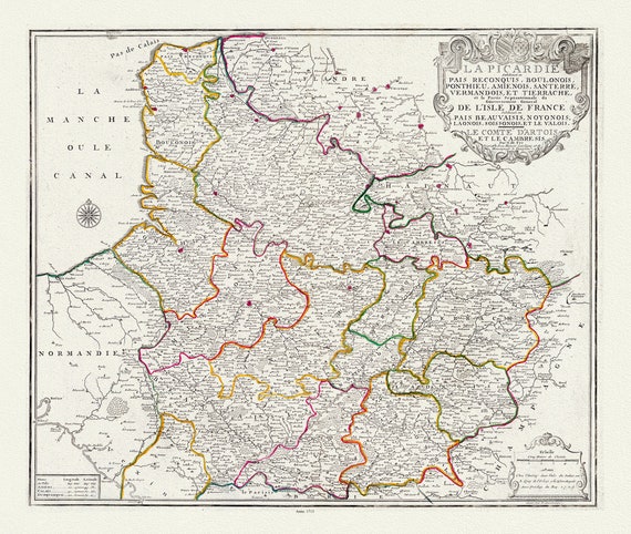 Picardie: de Fer (Nicolas de),  La Picardie subdivisee en Pais Reconquis, Boulonois, 1713, carte sur toile de coton épaisse, environ 56x70cm