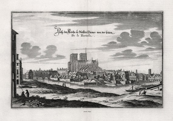 Merian, V. 1. Prosp. der Kirche de Nostre Dame, von der seiten de la Tournelle, Paris, 1660 , sur toile de coton épais, 56x70cm environ