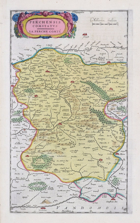 Perche, Perchensis Comitatvs, 1665, Blaeu auth. , une carte sur toile de coton épaisse, environ 56x70cm