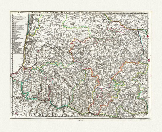 Pyrenees: Delisle, (Guillaume de,1675-1726),  Bearn, Bigorre, Armagnac, 1712, une carte sur toile de coton épaisse, environ 56x70cm