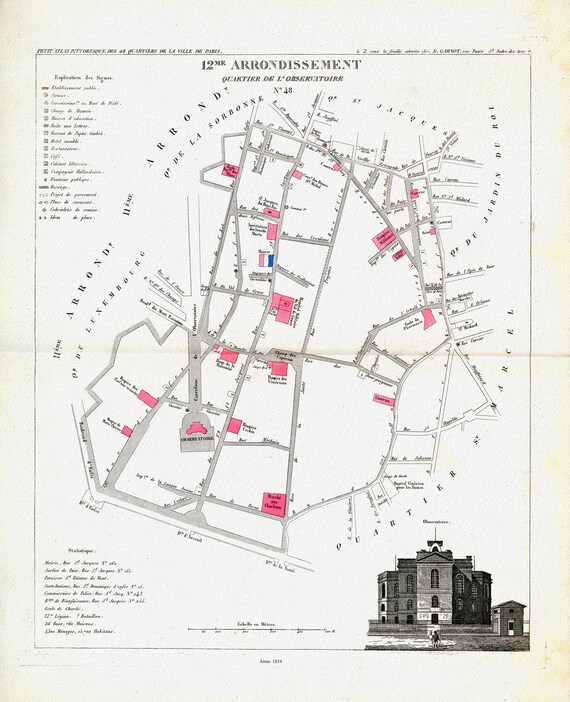 Perrot, Paris 12 Me. Arrondissement  Quartier de l' Observatoire. No. 48, 1834 , une carte sur toile de coton épaisse, environ 56x70cm