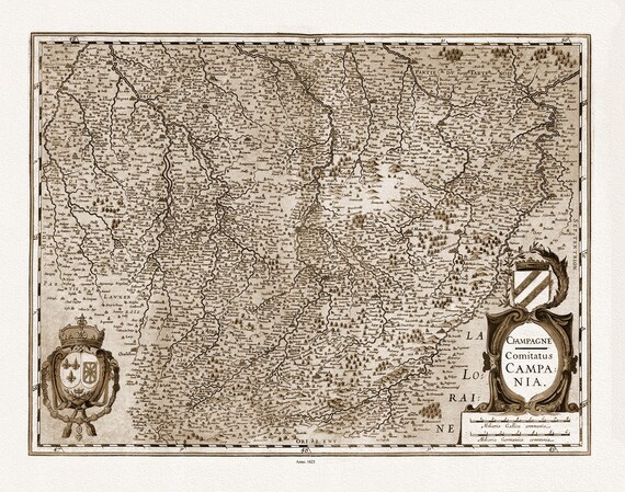 Champagne-Brie: Mercator et Hondius, Champagne Comitatus Carnpania, 1623 Ver. S , carte sur toile de coton épaisse, environ 56x70cm