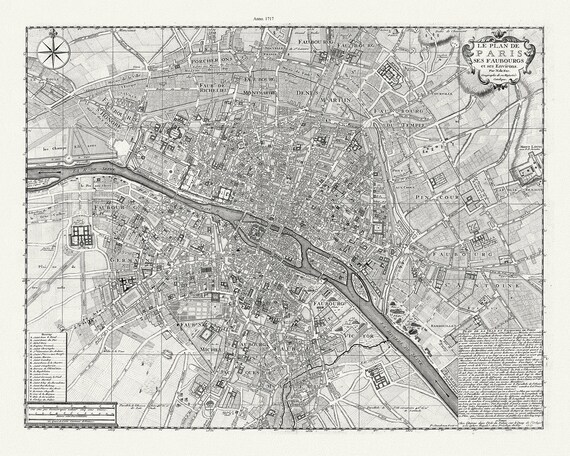 Fer, (Nicolas de, 1646-1720), Le Plan De Paris Ses Faubourgs et ses Environs, 1717,une carte sur toile de coton épais, 56x70cm environ