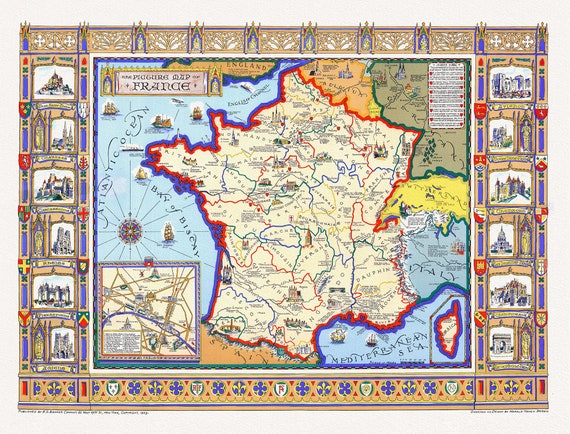 A picture map of France, 1929 ,une carte sur toile de coton épais, 56x70cm environ
