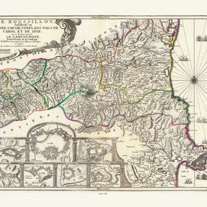 Le Roussillon, de Fer (Nicolas de, 1646-1720), 1706, une carte sur toile de coton épaisse, environ 56x70cm