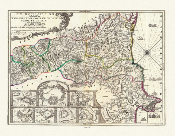 Le Roussillon, de Fer (Nicolas de, 1646-1720), 1706, une carte sur toile de coton épaisse, environ 56x70cm