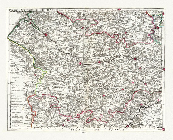 Picardie: Delisle, (Guillaume de,1675-1726),  Picardie meridionale, 1712,une graveur sur toile de coton épaisse, environ 56x70cm