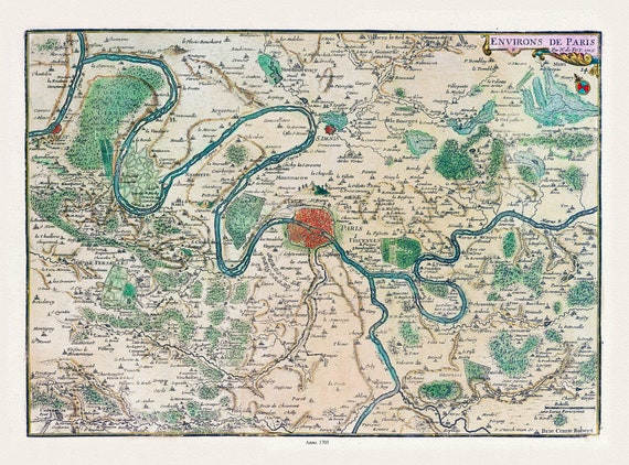 L'isle de France: Fer (Nicolas de, 1646-1720),  Environs de Paris, 1705, une carte sur toile de coton épaisse, environ 56x70cm