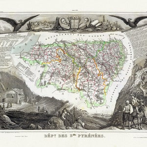 Pyrenees: Levasseur, Dept. Des Bses. Pyrenees, 1856, une carte sur toile de coton épaisse, environ 56x70cm