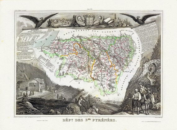 Pyrenees: Levasseur, Dept. Des Bses. Pyrenees, 1856, une carte sur toile de coton épaisse, environ 56x70cm