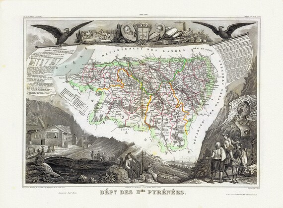 Pyrenees: Levasseur, Dept. Des Bses. Pyrenees, 1856, une carte sur toile de coton épaisse, environ 56x70cm