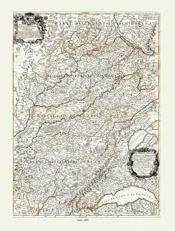 Burgundy: Rossi, La Franca Contea o Contea di Borgogna, 1690, carte sur toile de coton épaisse, environ 56x70cm