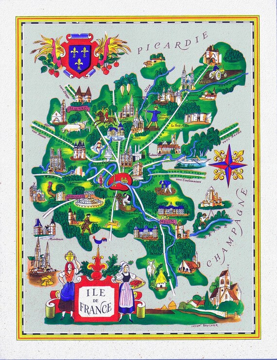 L'isle de France: Lucien Bouchard, Ile-De-France, 1951 Ver. I , une carte sur toile de coton épaisse, environ 56x70cm