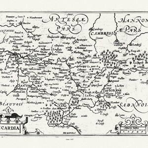 Picardie: Mercator et Hondius, Picardia, 1607,  , carte sur toile de coton épaisse, environ 56x70cm