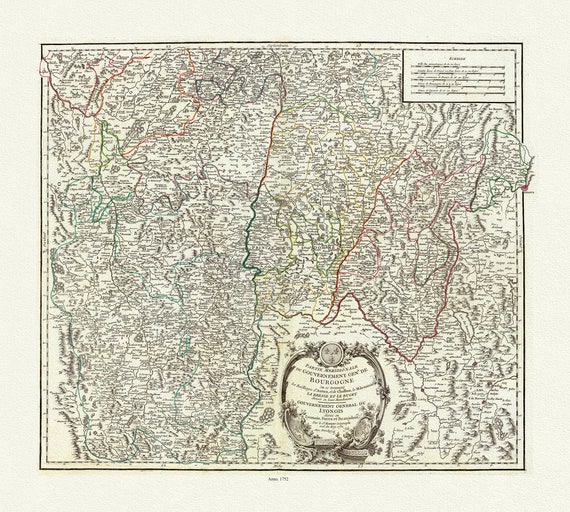 Burgundy: Vaugondy (Robert de, Gilles, 1688-1766), Bourgogne meridionale, 1752, carte sur toile de coton épaisse, environ 56x70cm