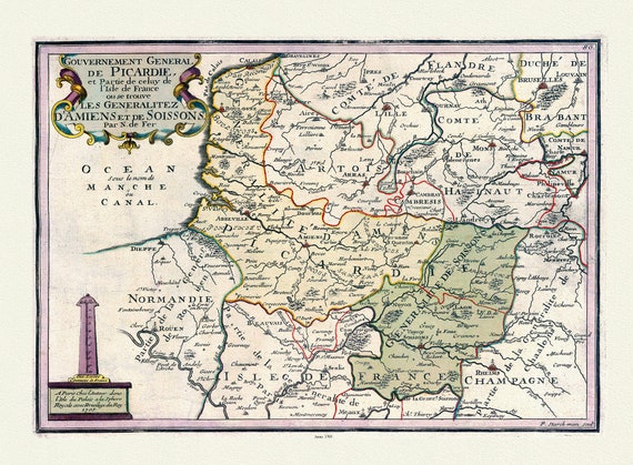 Picardie: de Fer, Les Gouvernement General de Picardie, 1705 , carte sur toile de coton épaisse, environ 56x70cm