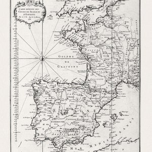 Bellin (Jacques Nicolas, 1703-1772),  Carte reduite des costes de France et d'Espagne, 1764 ,une carte sur toile de coton épais, 56x70cm