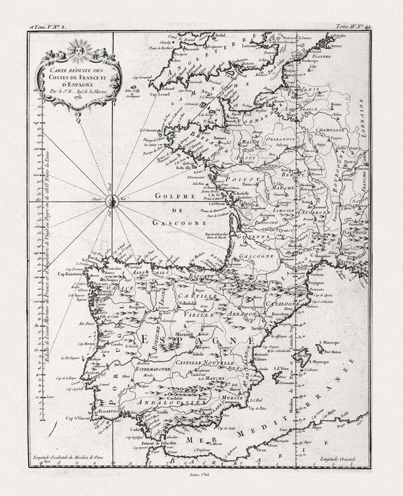 Bellin (Jacques Nicolas, 1703-1772),  Carte reduite des costes de France et d'Espagne, 1764 ,une carte sur toile de coton épais, 56x70cm