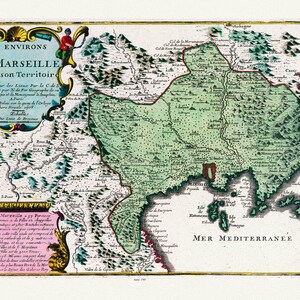Roussillon: de Fer, Les Environs de Marseille, 1705 , une carte sur toile de coton épaisse, environ 56x70cm