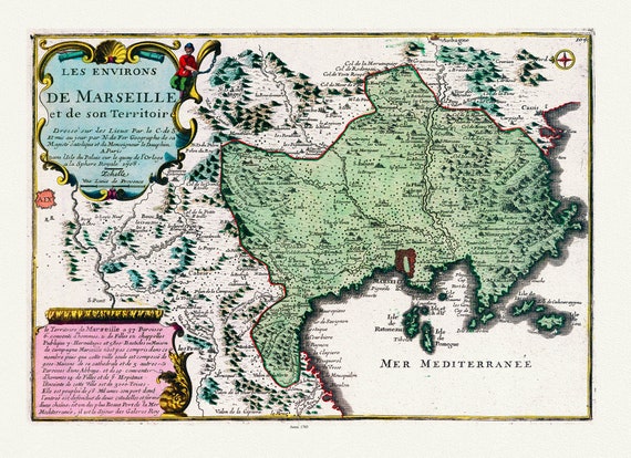 Roussillon: de Fer, Les Environs de Marseille, 1705 , une carte sur toile de coton épaisse, environ 56x70cm