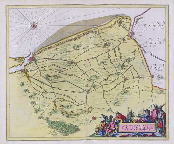 Calais, Le Gouvernement De Calais & Pays Reconquis, 1665, Bleau auth. , une carte sur toile de coton épaisse, environ 56x70cm