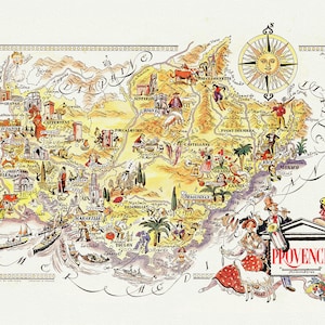 Provence, Jacques Liozu, 1951 ,une carte sur toile de coton épaisse, environ 56x70cm