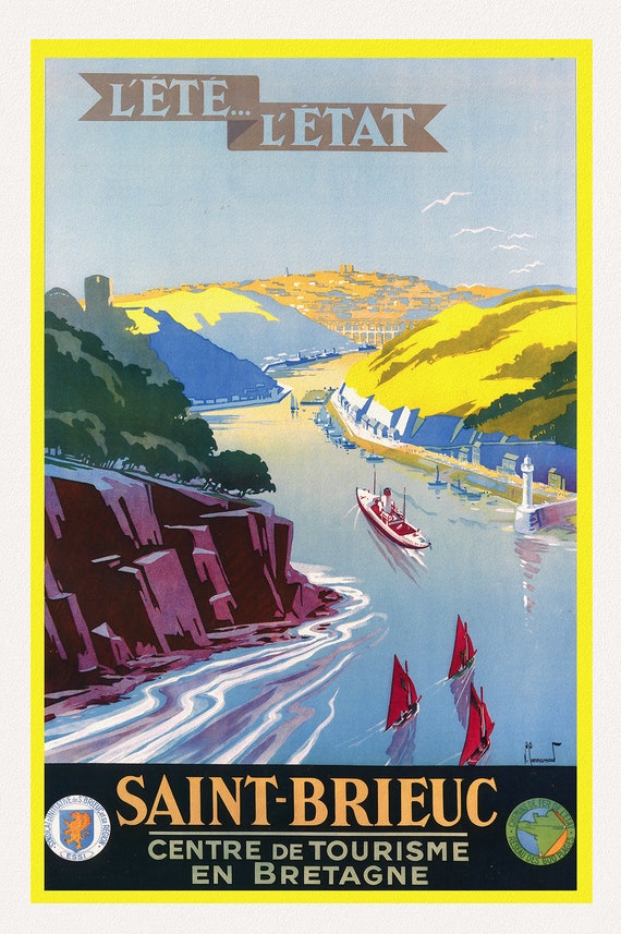 Saint Brieuc, Bretagne, 1931, une affiche de voyage sur toile de coton épaisse, environ 45x60cm