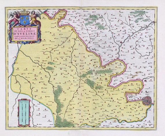 France, Carte Dv Pays et Forest D'Yveline, 1665, Bleau auth. , une carte sur toile de coton épaisse, environ 56x70cm