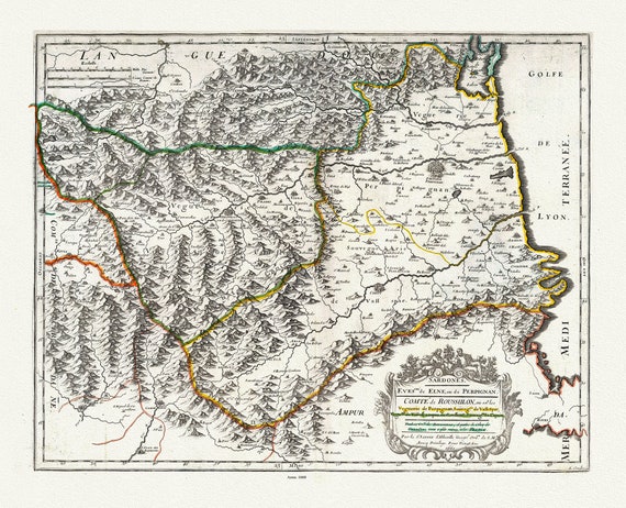 Compte de Roussillon ,Sanson,  1660, une carte sur toile de coton épaisse, environ 56x70cm