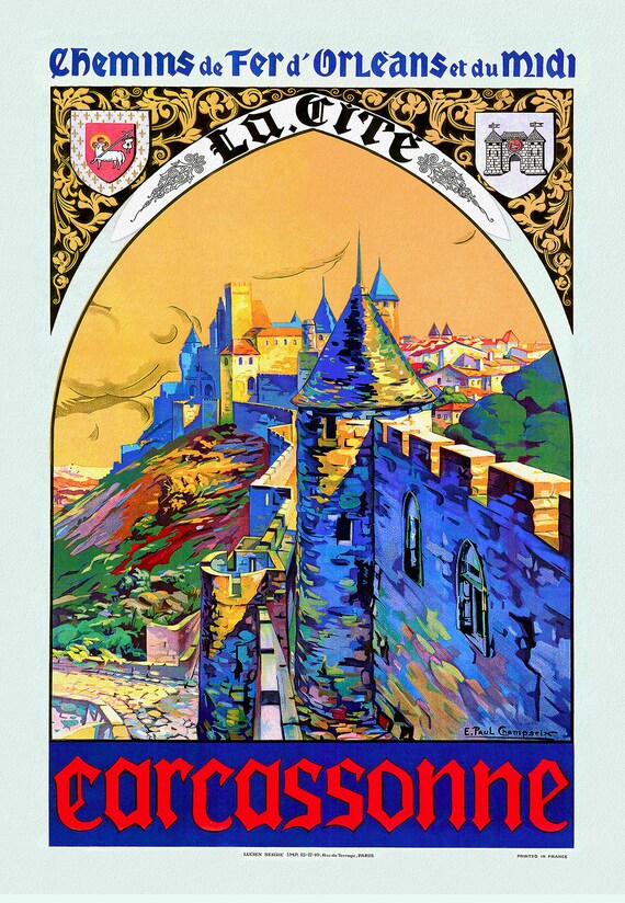 Carcassonne, Chemin de Fer d'Orleans et du Midi , une affiche de voyage sur toile de coton épaisse, environ 56 x 70cm