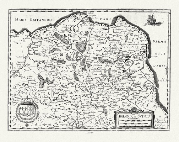 Artois: de La Rochemaille et Le Clerc, Bolonia & Guinis Comitatus (Artois, France), 1632, carte sur toile de coton épaisse, environ 56x70cm