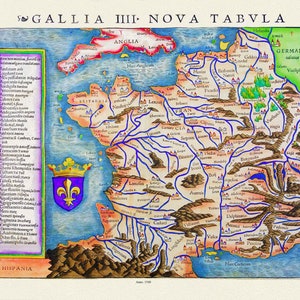 Ptolemy et Ortelius, Gallia, 1540 ,une carte sur toile de coton épais, 56x70cm environ